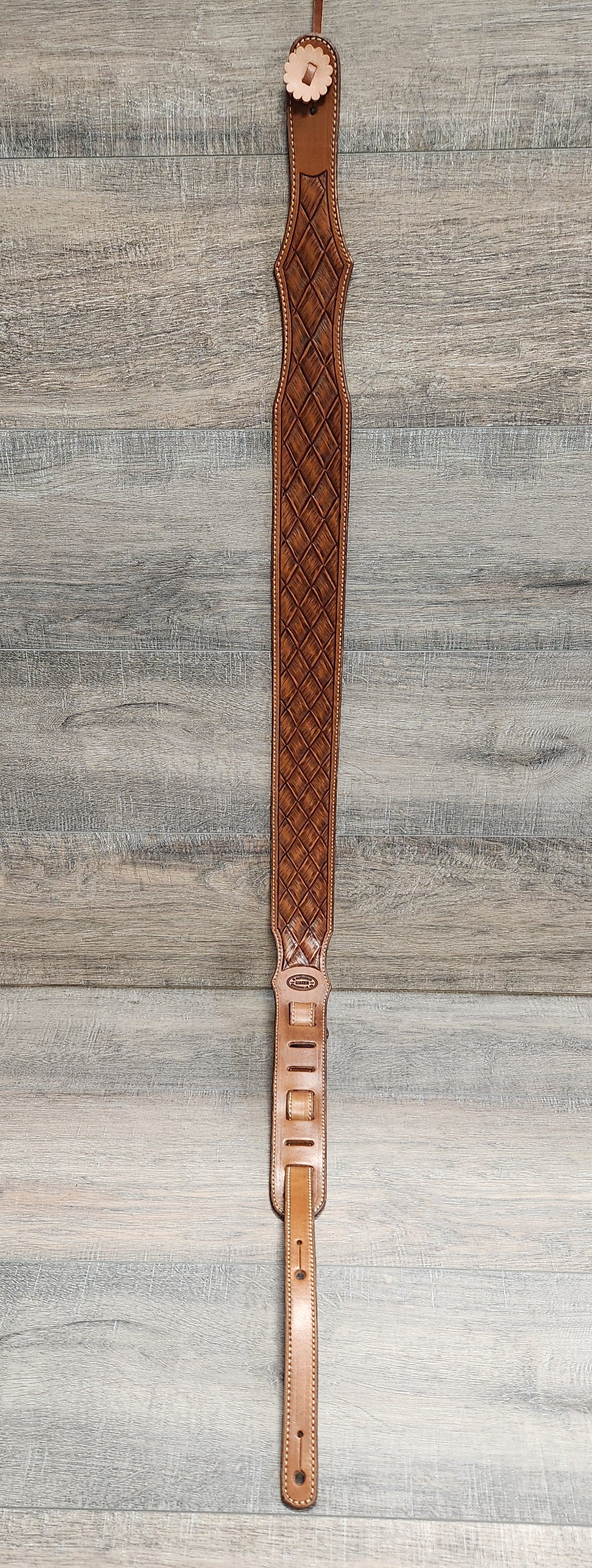 Leather Guitar Strap with Basket Weave Tooling in Medium Brown Finish