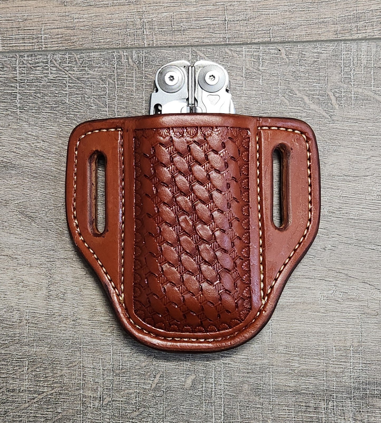 Leather Pancake Knife Case for Large Multi-Tool with Basket Weave Tooling in Chestnut Finish