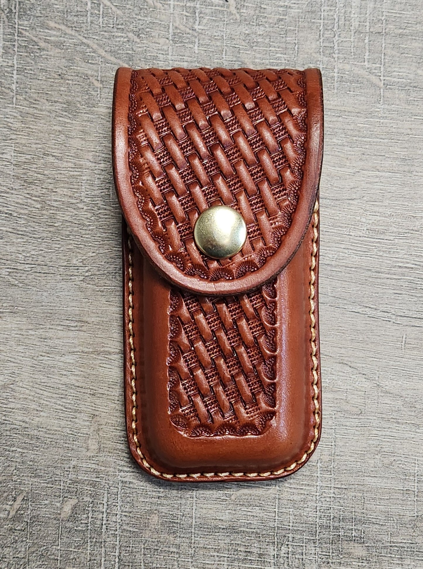 Leather Knife Case for Medium Size Multi-Tool with Basket Weave Tooling in Chestnut Finish