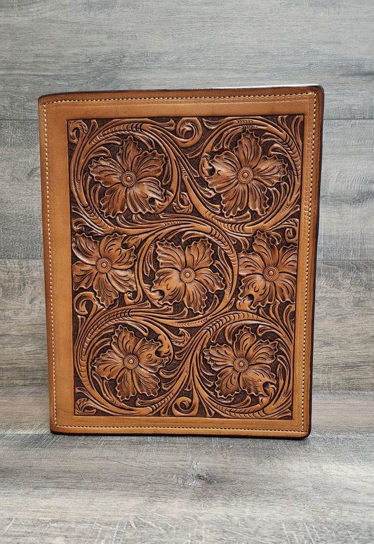 Floral Tooled Leather Portfolio in Medium Brown Finish