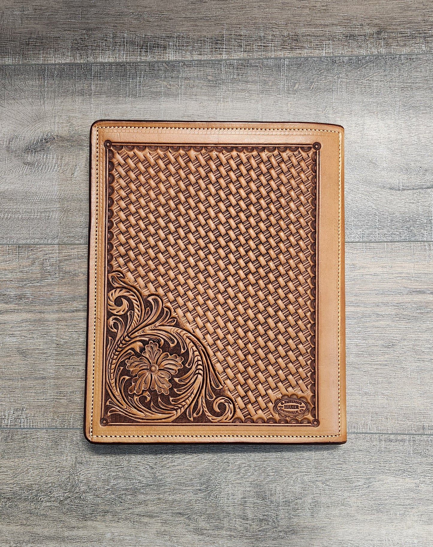 Floral Tooled Leather Portfolio in Medium Brown Finish