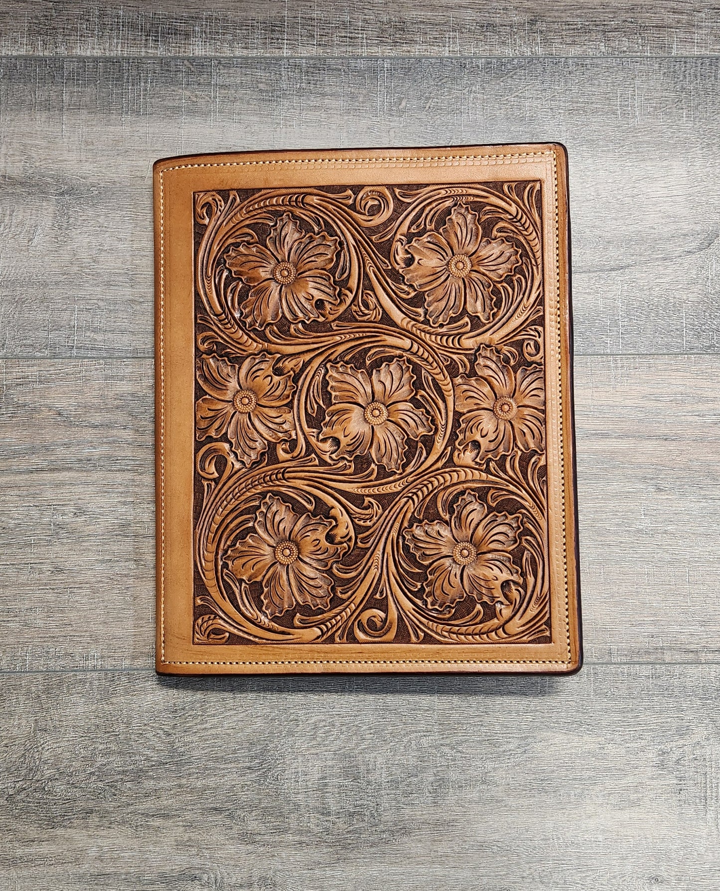 Floral Tooled Leather Portfolio in Medium Brown Finish