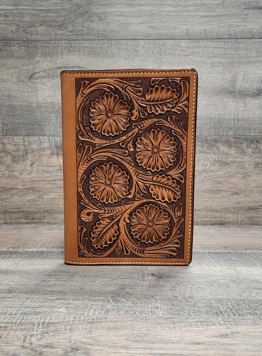 Pad-Folio Floral Tooled Leather Notebook Cover 5" x 8" in Medium Brown Finish