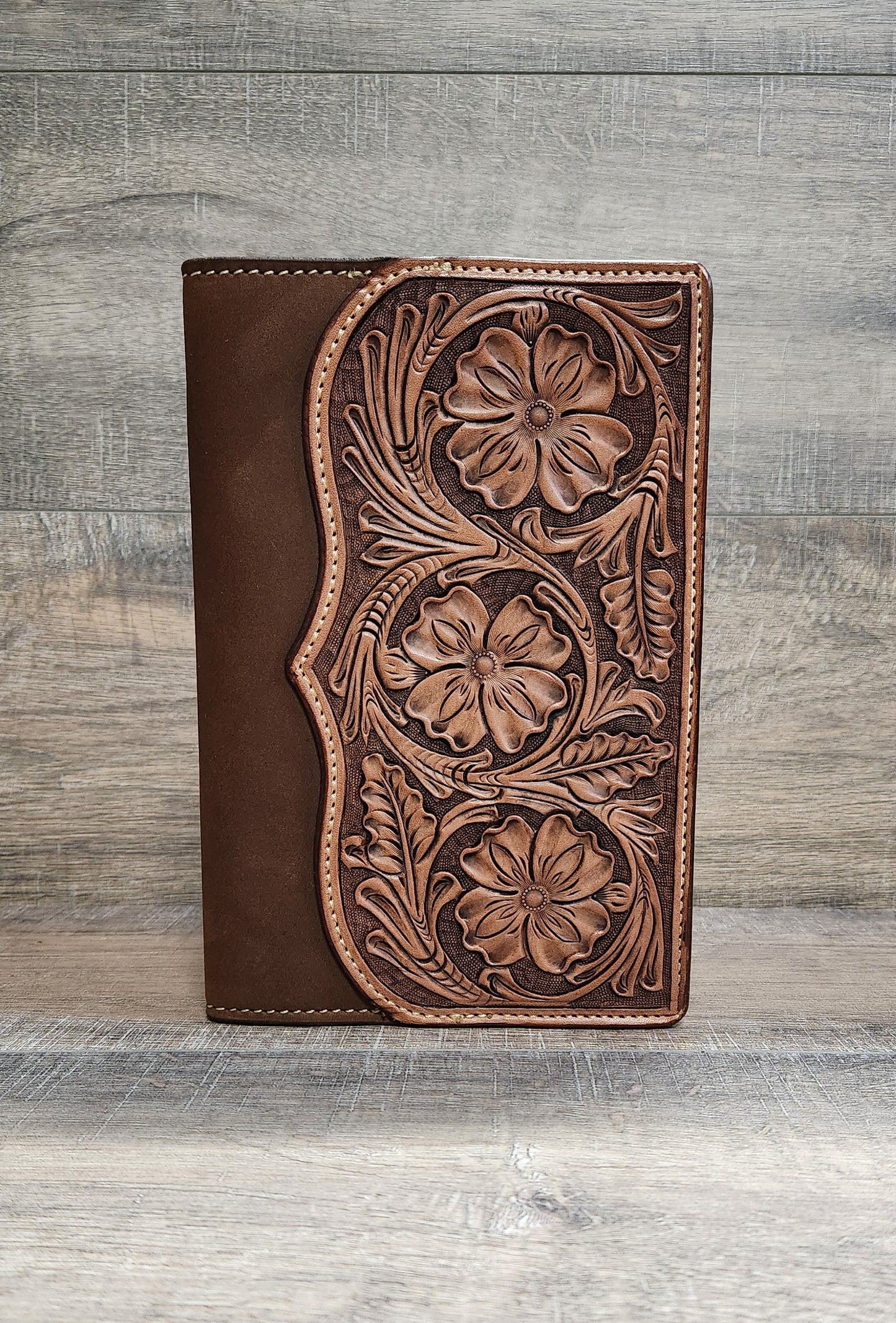 Pad-Folio Floral Tooled Leather Notebook Cover 5" x 8" in Medium Brown Finish