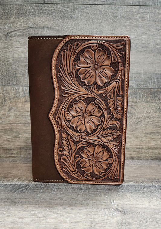 Pad-Folio Floral Tooled Leather Notebook Cover 5" x 8" in Medium Brown Finish