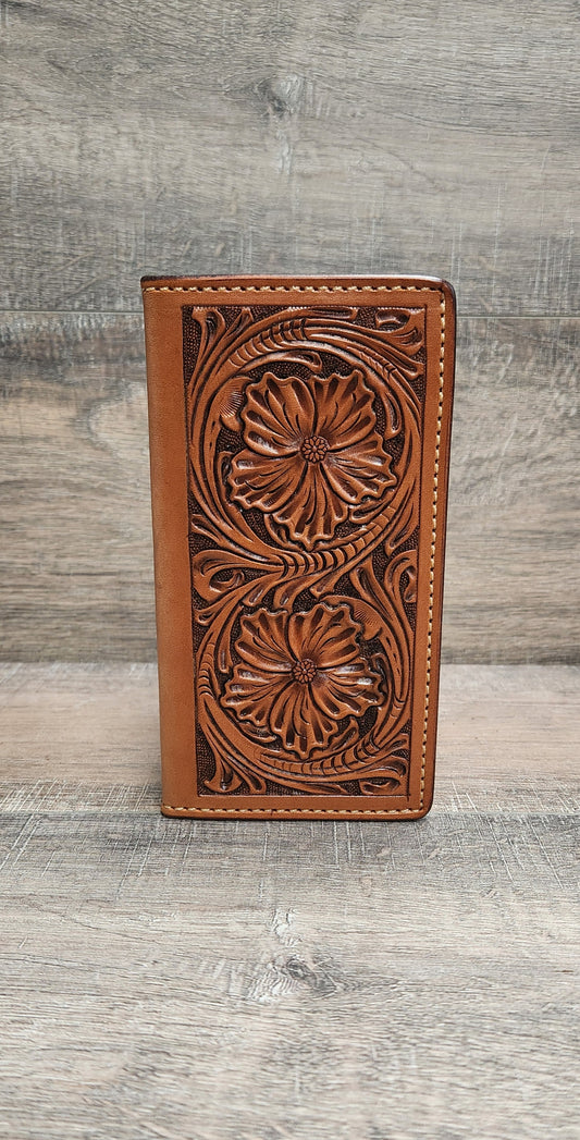 Floral Tooled Leather Roper Wallet in Medium Brown Finish