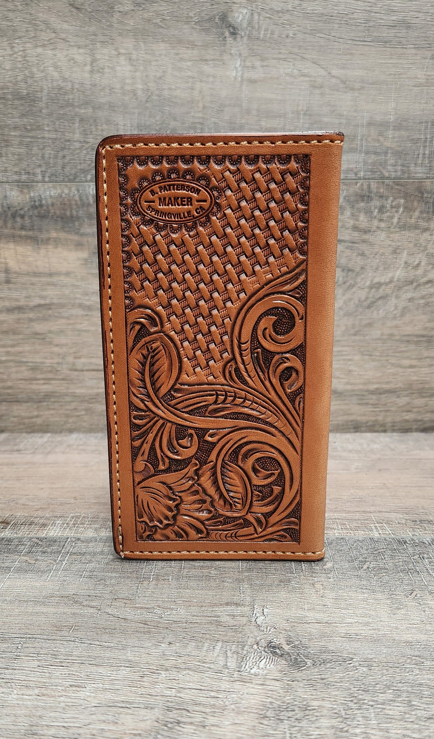 Floral Tooled Leather Roper Wallet in Medium Brown Finish