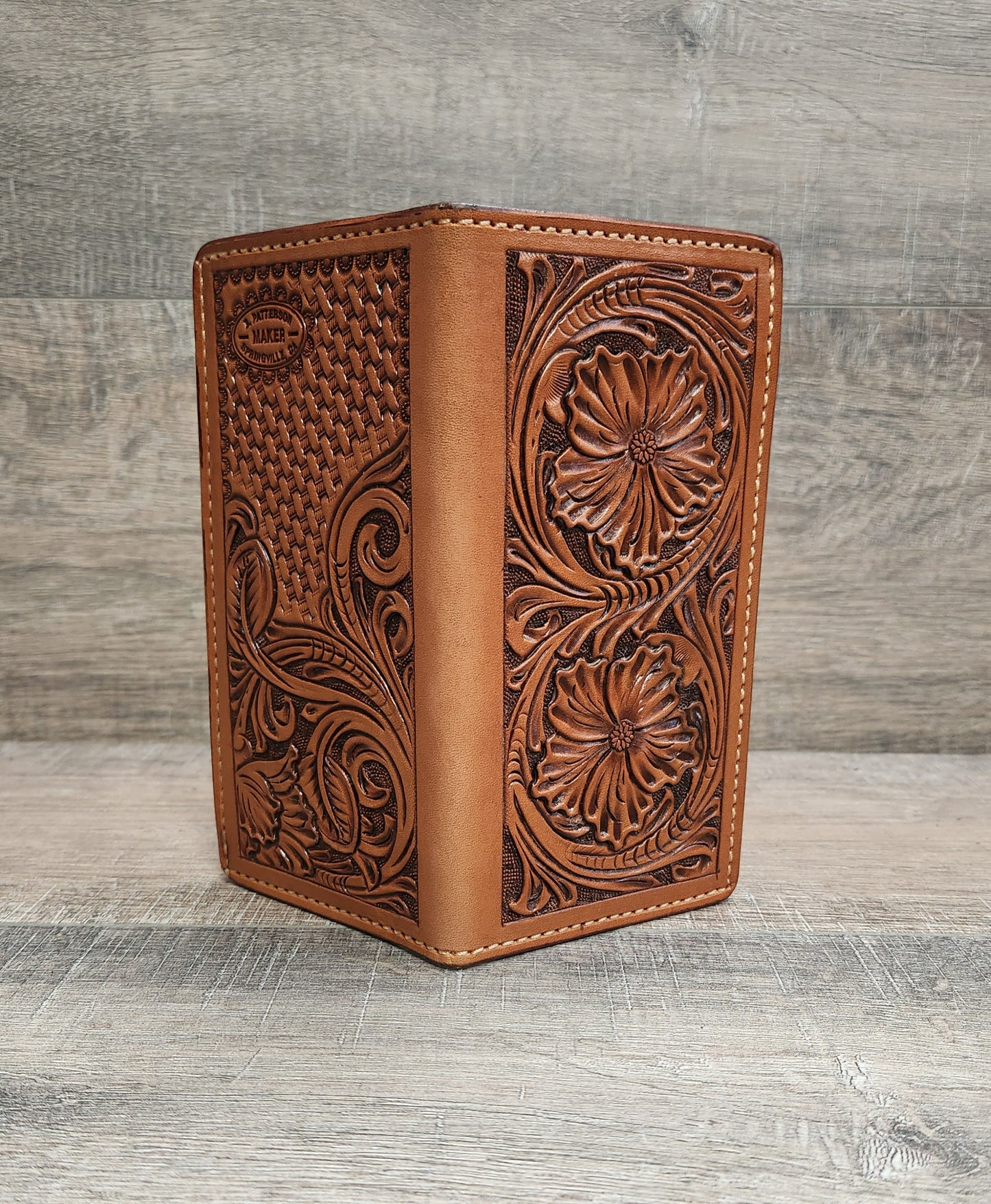 Floral Tooled Leather Roper Wallet in Medium Brown Finish