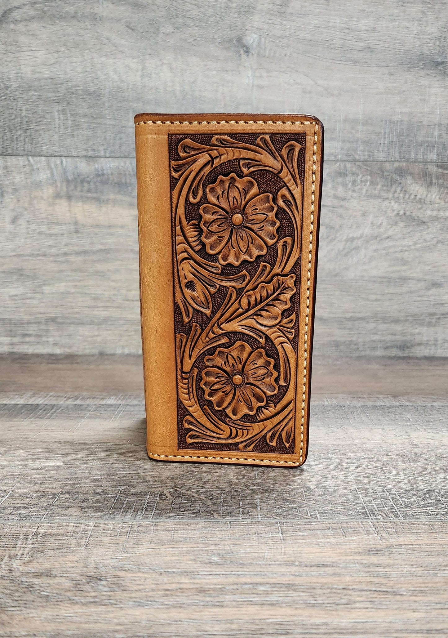 Floral Tooled Leather Roper Wallet in Medium Brown Finish