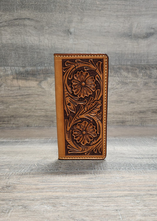 Floral Tooled Leather Roper Wallet in Medium Brown Finish