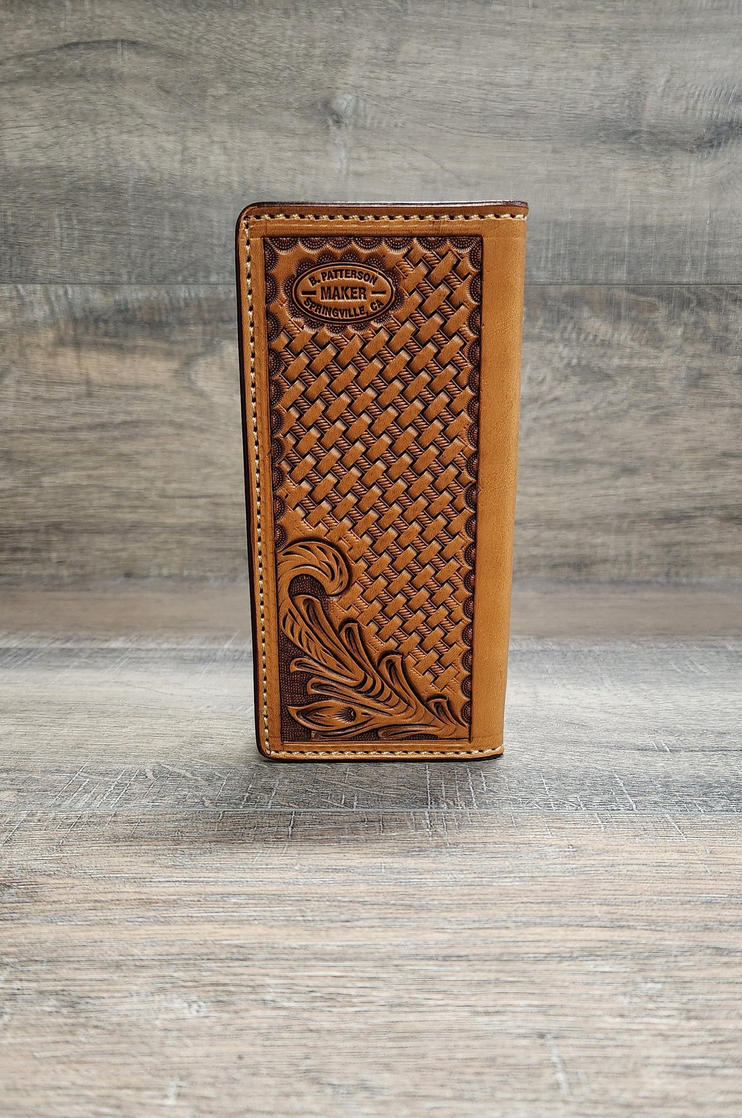 Floral Tooled Leather Roper Wallet in Medium Brown Finish