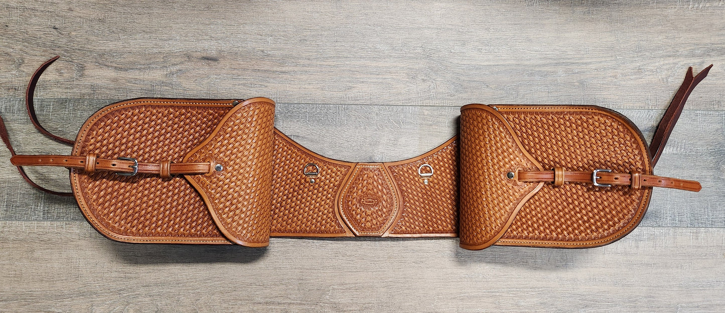 Leather Saddle Bag with Basket Weave Tooling in a Tan Finish