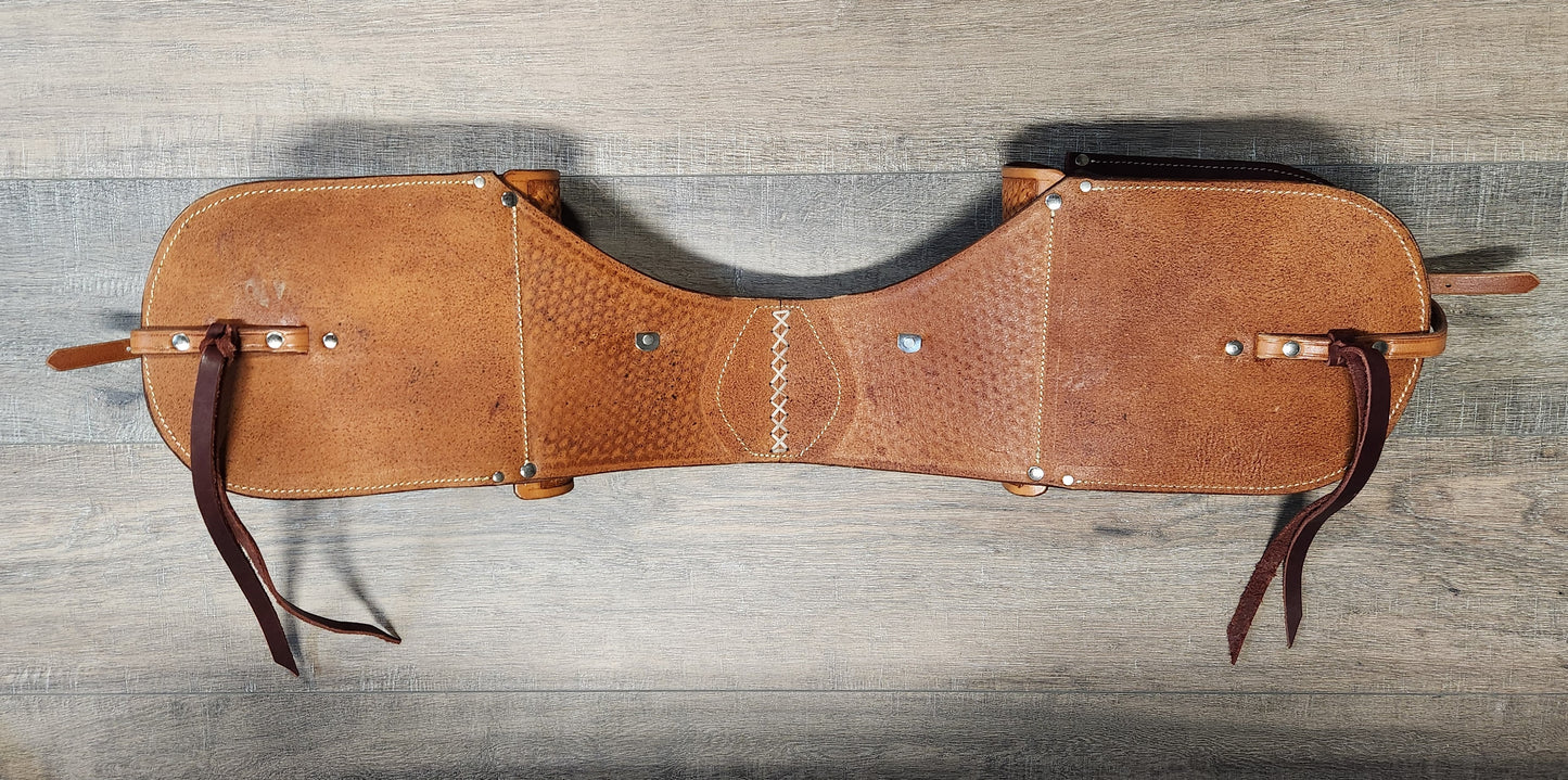 Leather Saddle Bag with Basket Weave Tooling in a Tan Finish