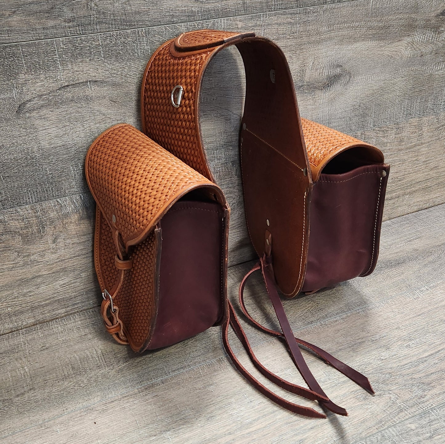 Leather Saddle Bag with Basket Weave Tooling in a Tan Finish