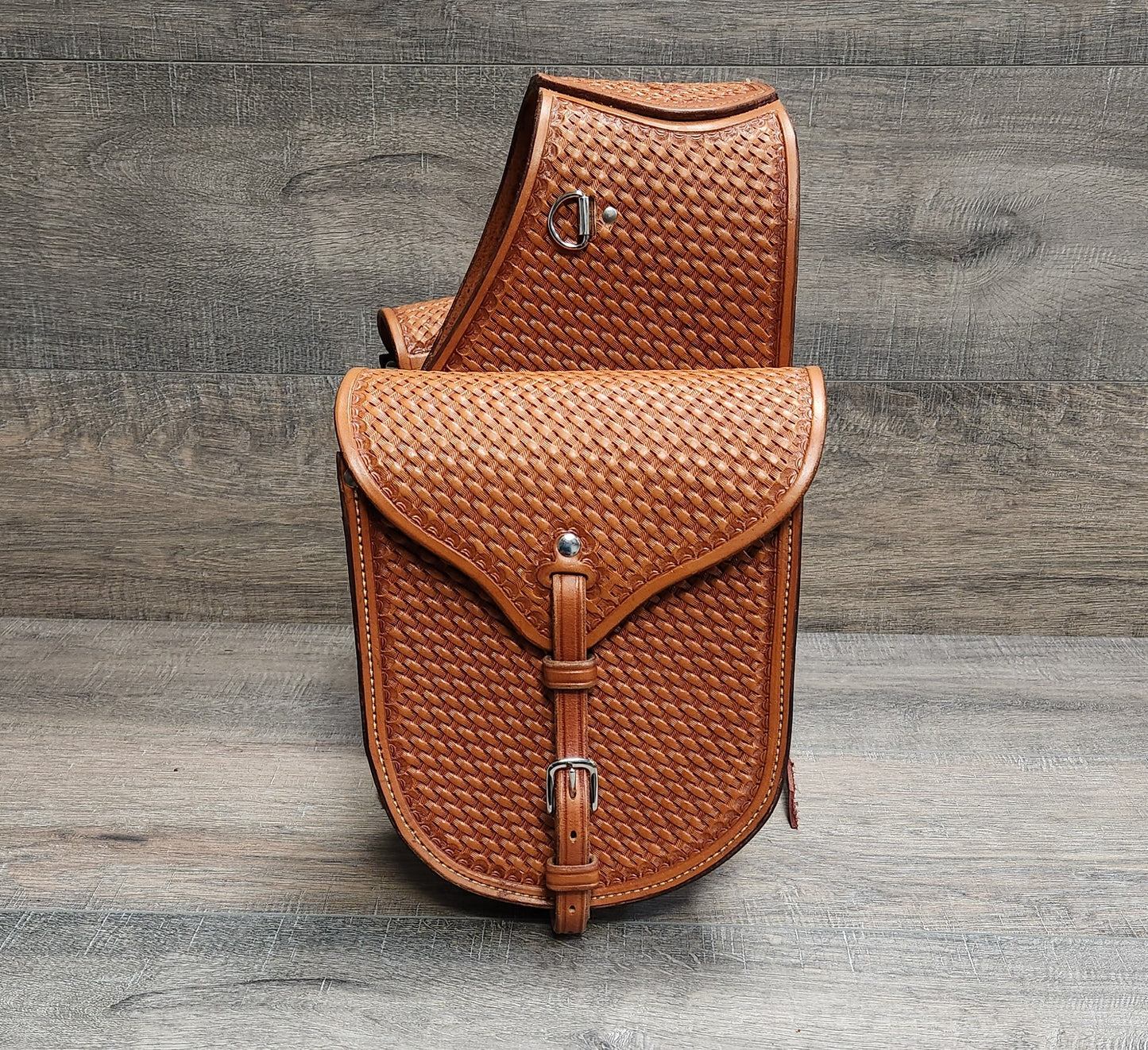 Leather Saddle Bag with Basket Weave Tooling in a Tan Finish