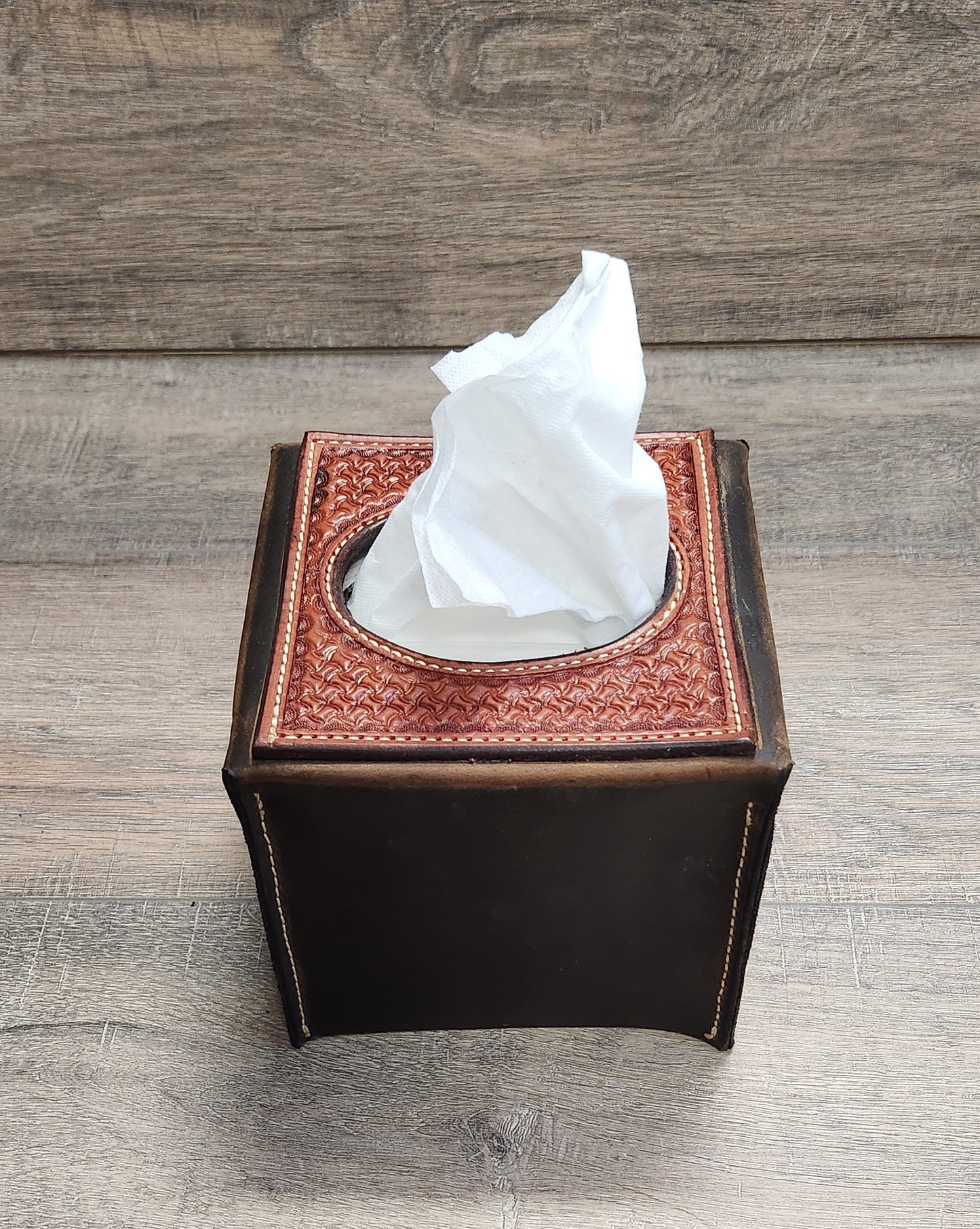 Leather Tissue Box Cover with Geometric Tooling in a Tan Finish