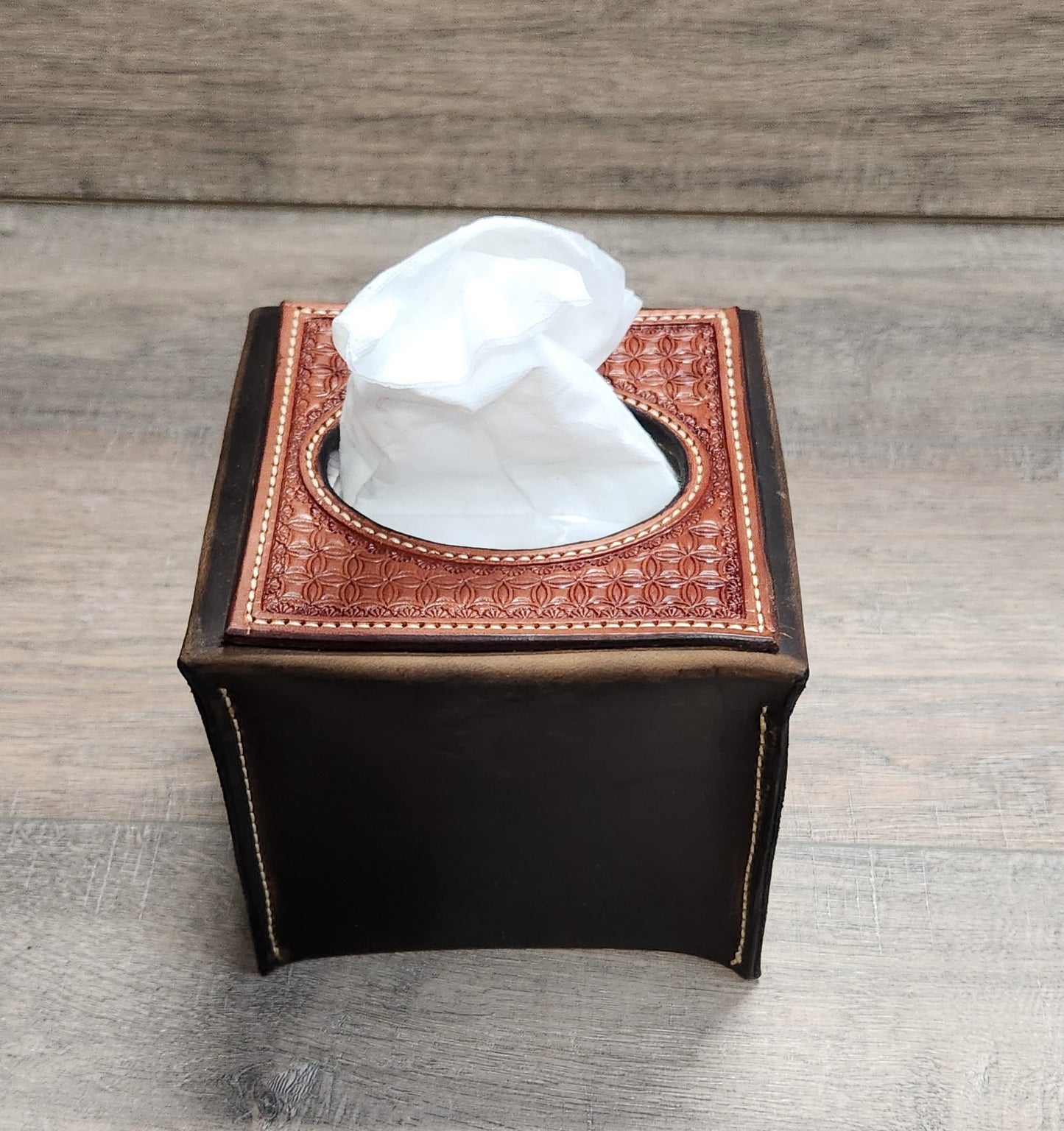 Leather Tissue Box Cover with Geometric Tooling in a Tan Finnish