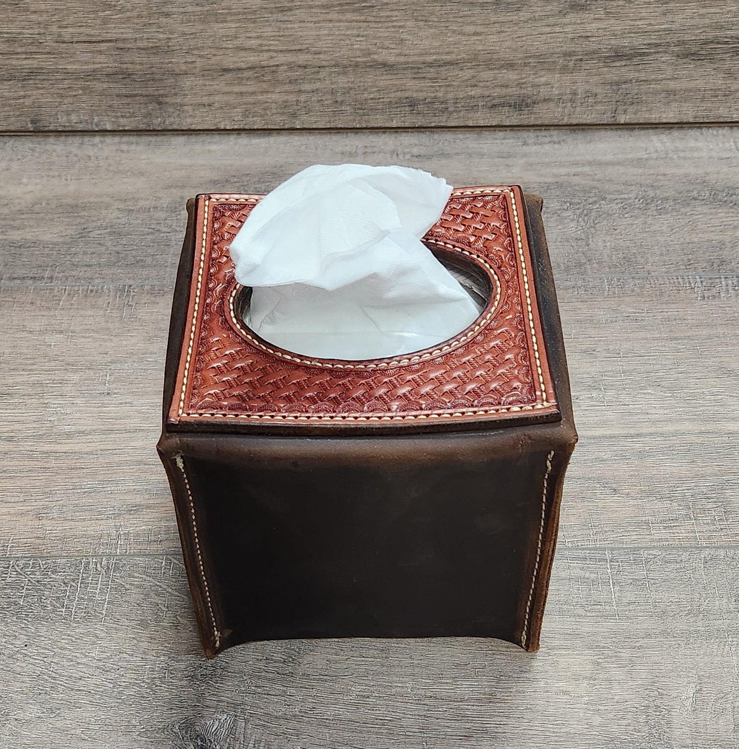 Leather Tissue Box Cover with Basket Weave Tooling in a Tan Finnish