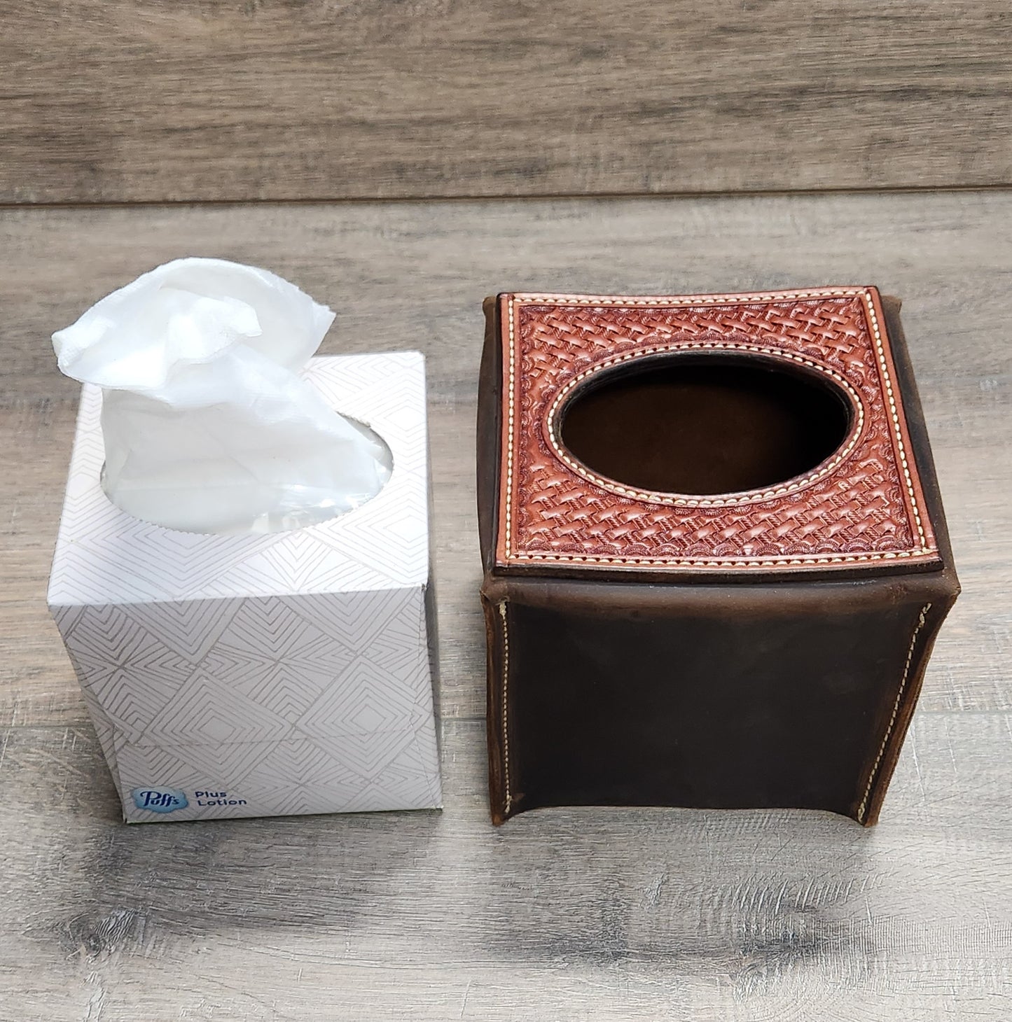 Leather Tissue Box Cover with Basket Weave Tooling in a Tan Finnish