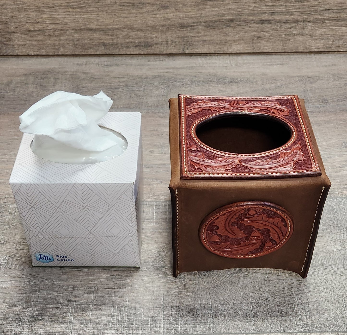 Leather Tissue Box Cover with Oak Leaf and Acorn Tooling in a Chestnut Finish