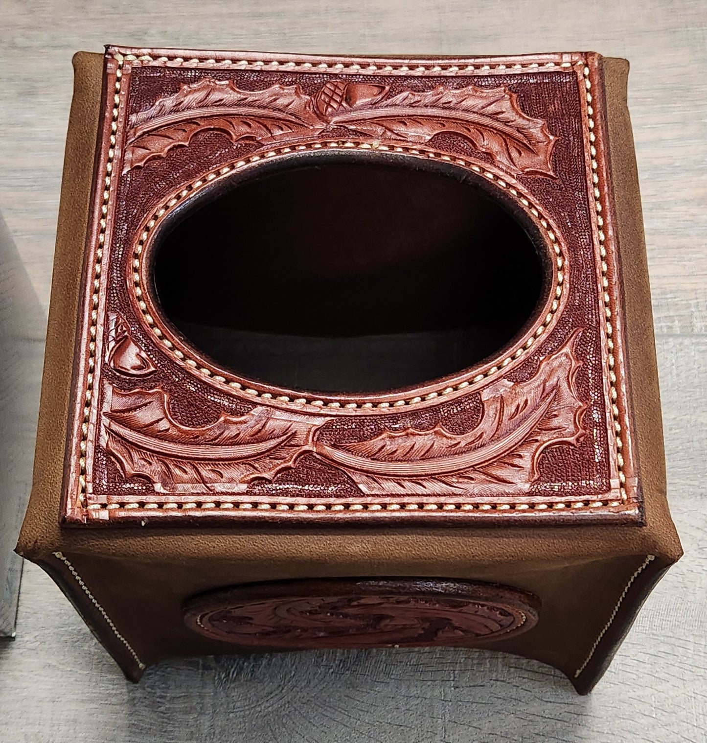 Leather Tissue Box Cover with Oak Leaf and Acorn Tooling in a Chestnut Finish