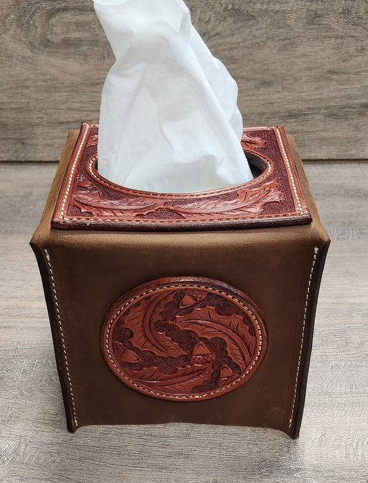 Leather Tissue Box Cover with Oak Leaf and Acorn Tooling in a Chestnut Finish