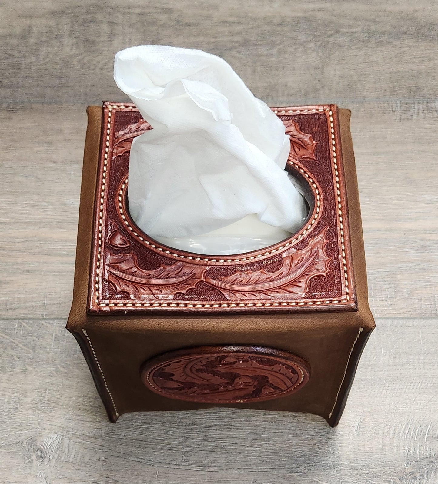 Leather Tissue Box Cover with Oak Leaf and Acorn Tooling in a Chestnut Finish