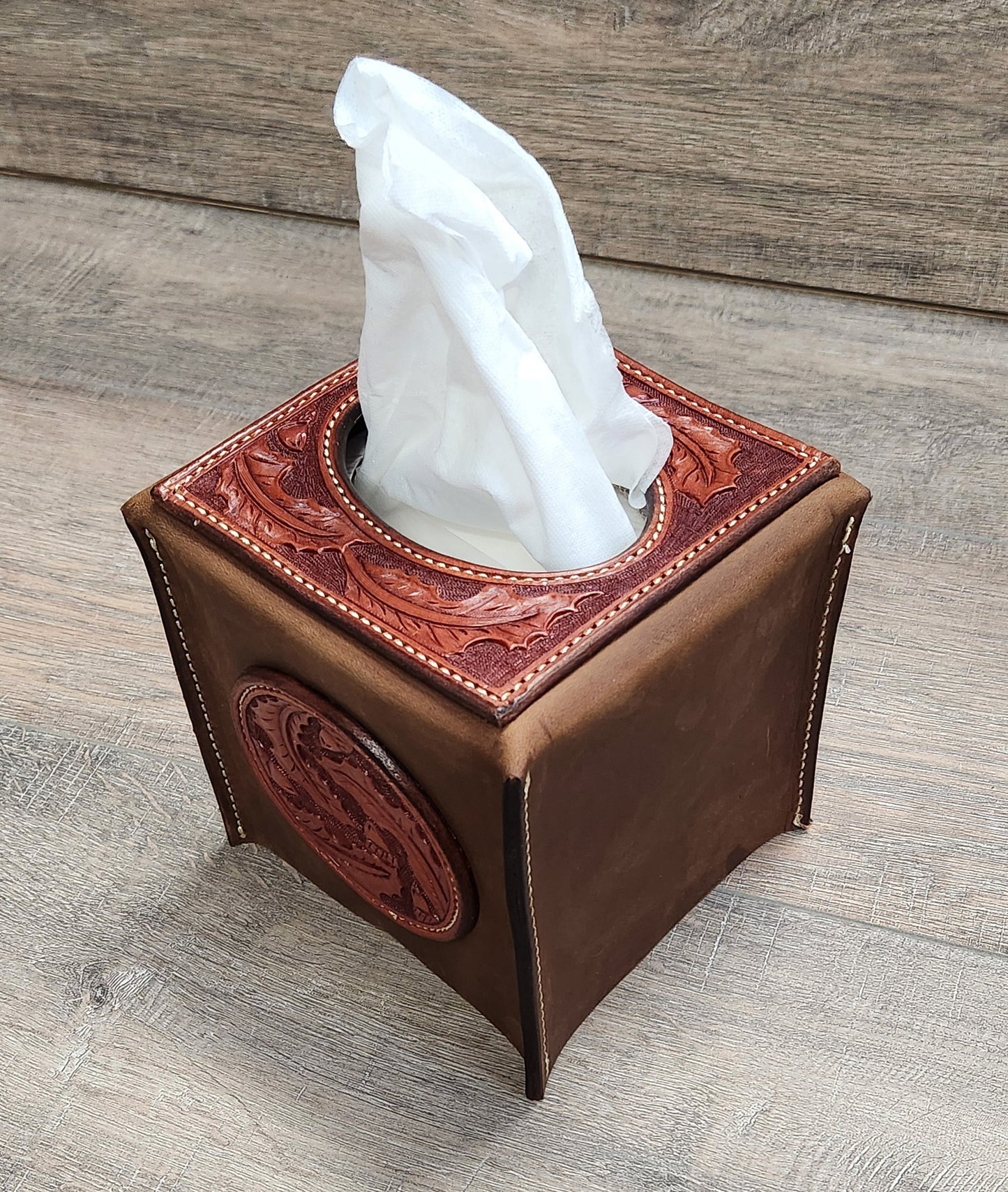 Leather Tissue Box Cover with Oak Leaf and Acorn Tooling in a Chestnut Finish