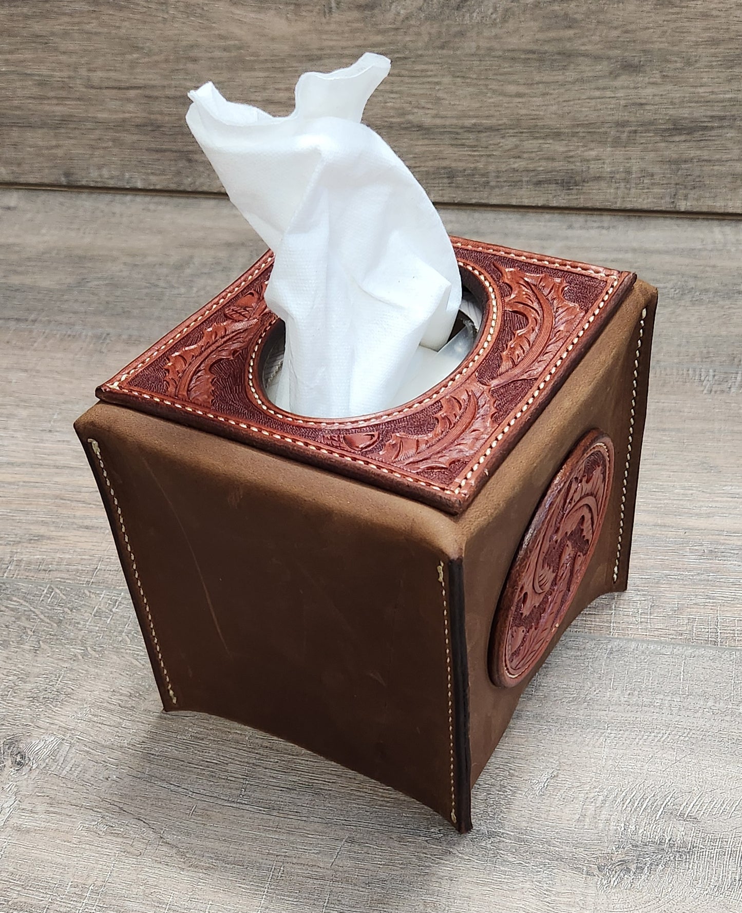 Leather Tissue Box Cover with Oak Leaf and Acorn Tooling in a Chestnut Finish