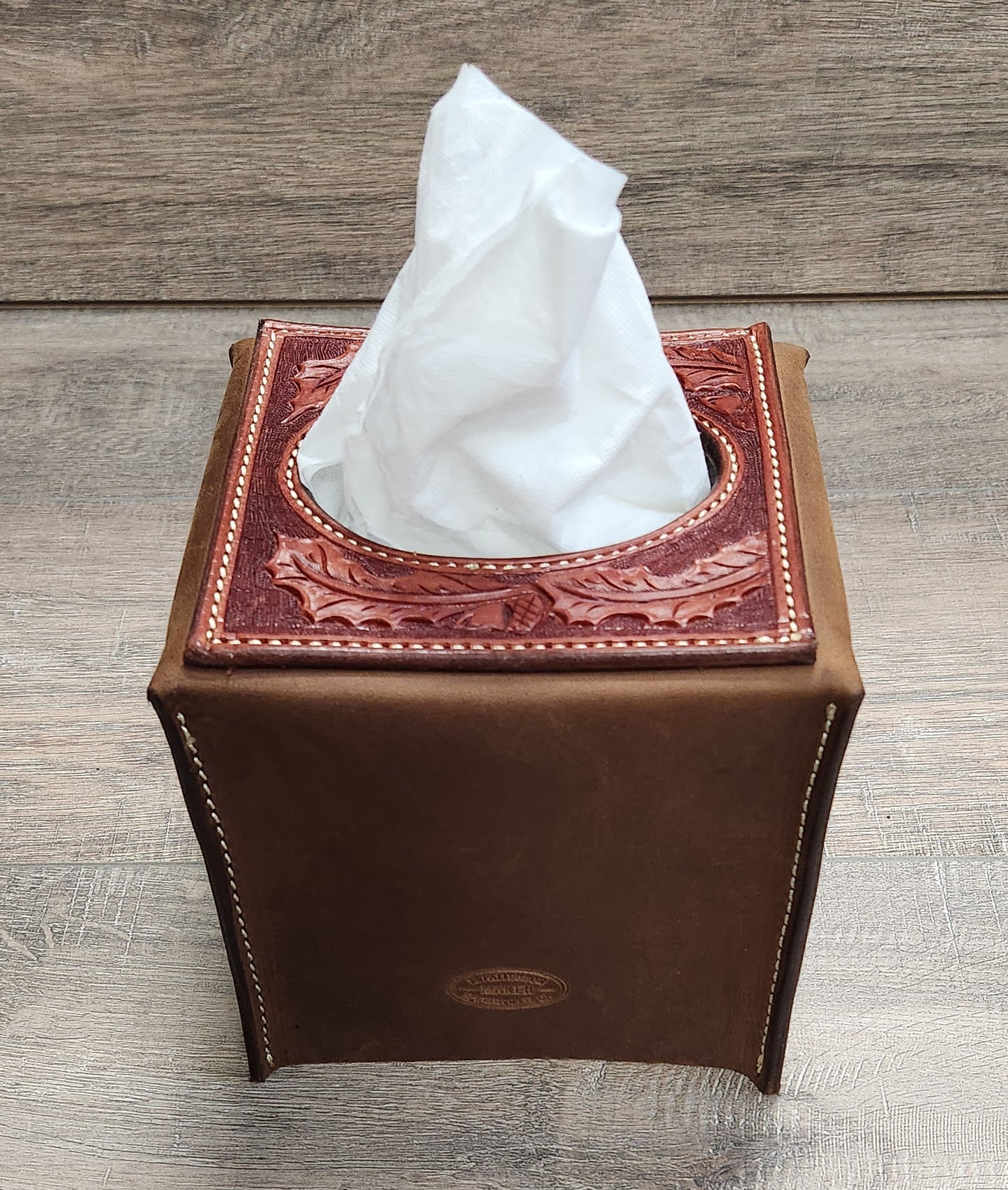 Leather Tissue Box Cover with Oak Leaf and Acorn Tooling in a Chestnut Finish