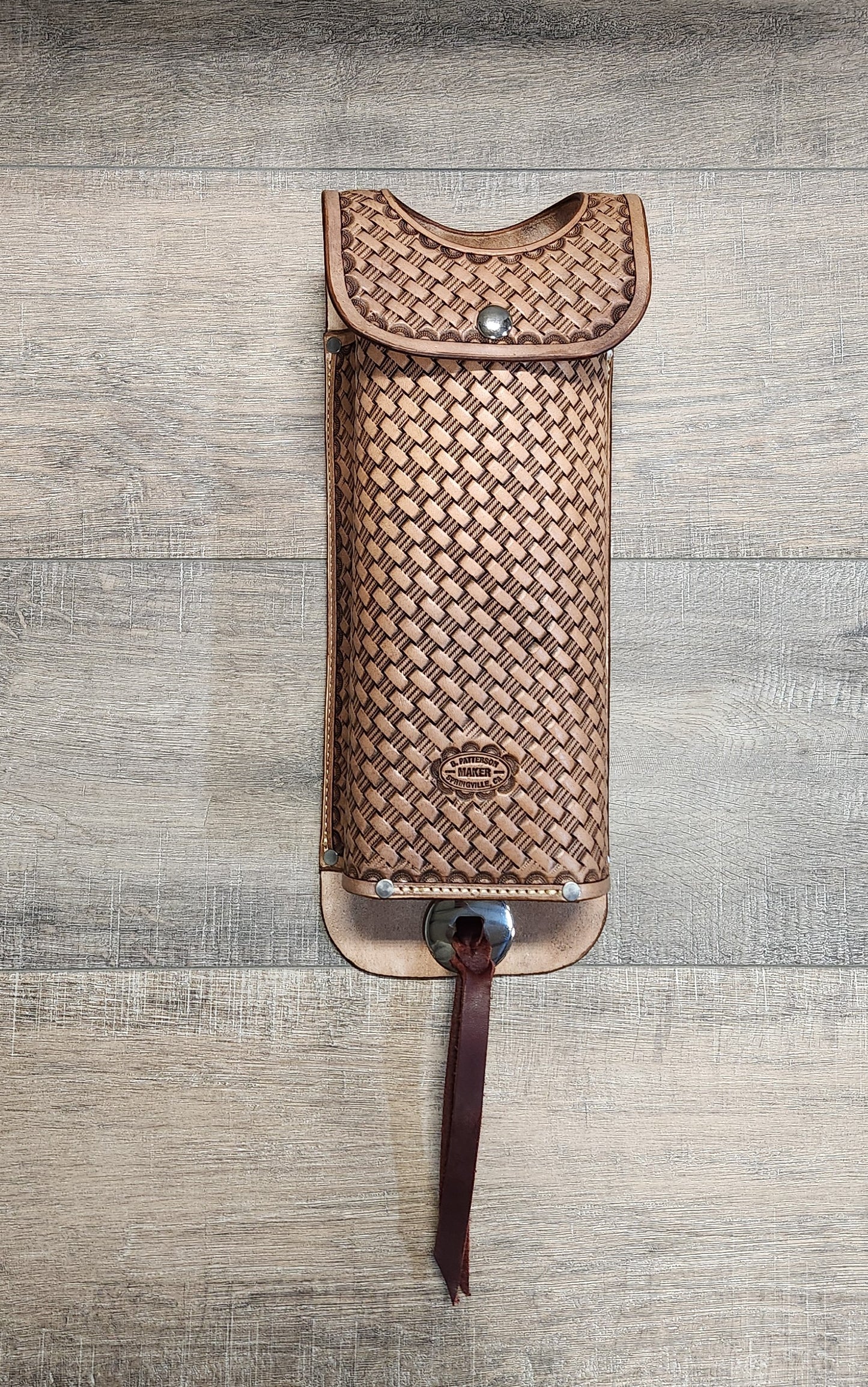 Leather Thermos/ Yeti Can Holder with Basket Weave Tooling in a Light Tan Finish