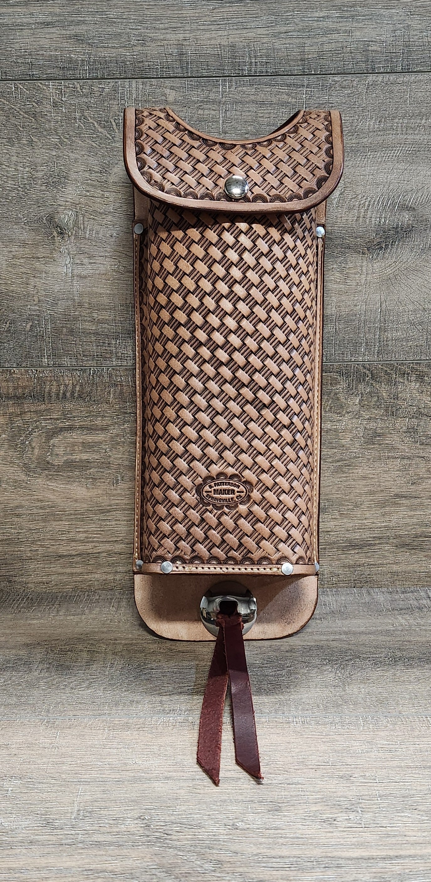 Leather Thermos/ Yeti Can Holder with Basket Weave Tooling in a Light Tan Finish