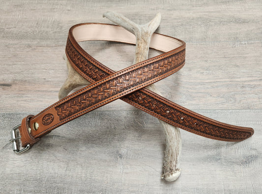 Geometric Tooled Belt with Medium Brown Finish - Size 42