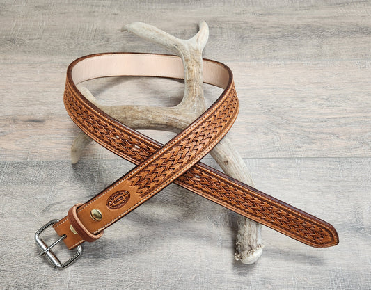 Geometric Tooled Belt with Medium Brown Finish - Size 36