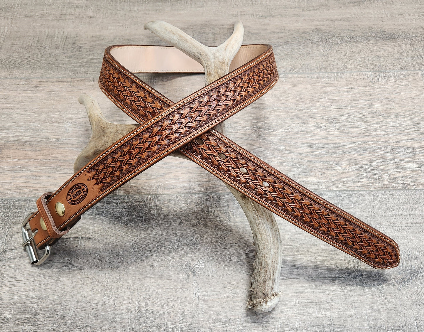 Geometric Tooled Belt with Medium Brown Finish - Size 38