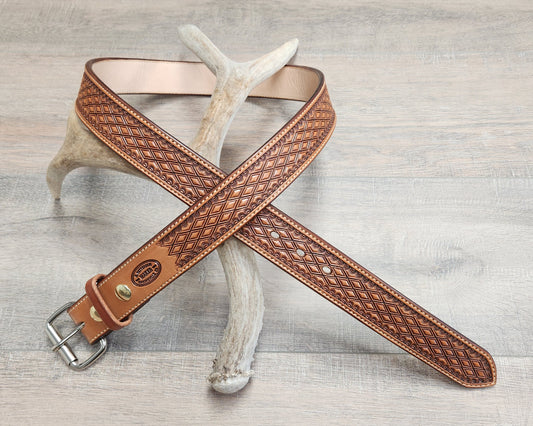 Geometric Tooled Belt with Medium Brown Finish - Size 41