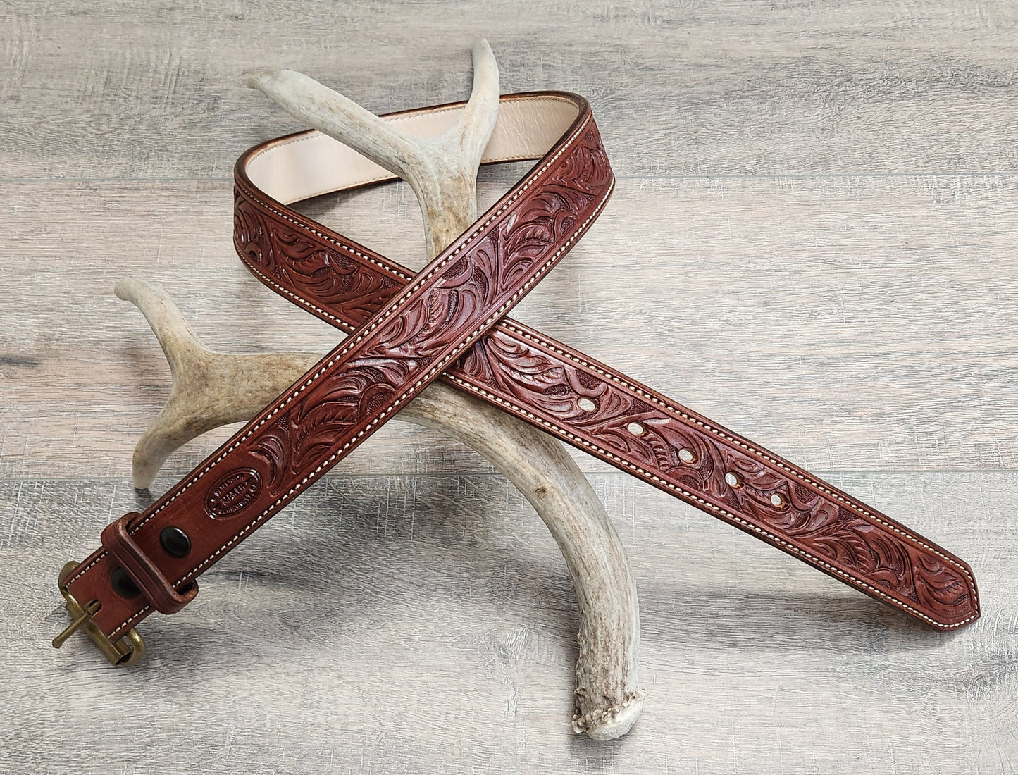 Floral Tooled Belt with Brown Finish - Size 40