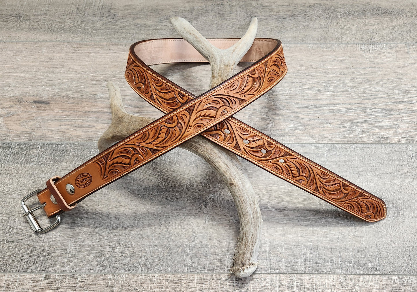 Floral Tooled Belt with Tan Finish - Size 41