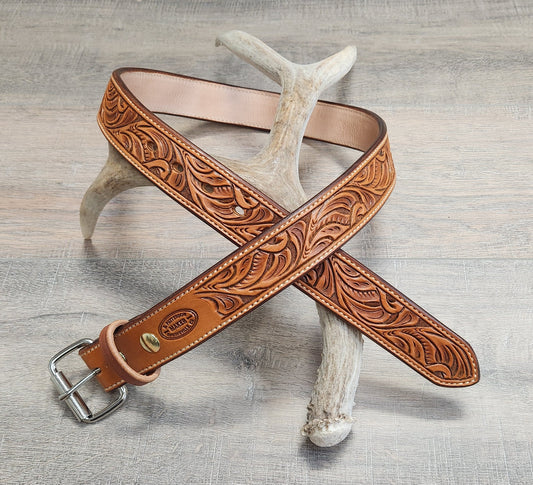 Floral Tooled Belt with Tan Finish - Size 35