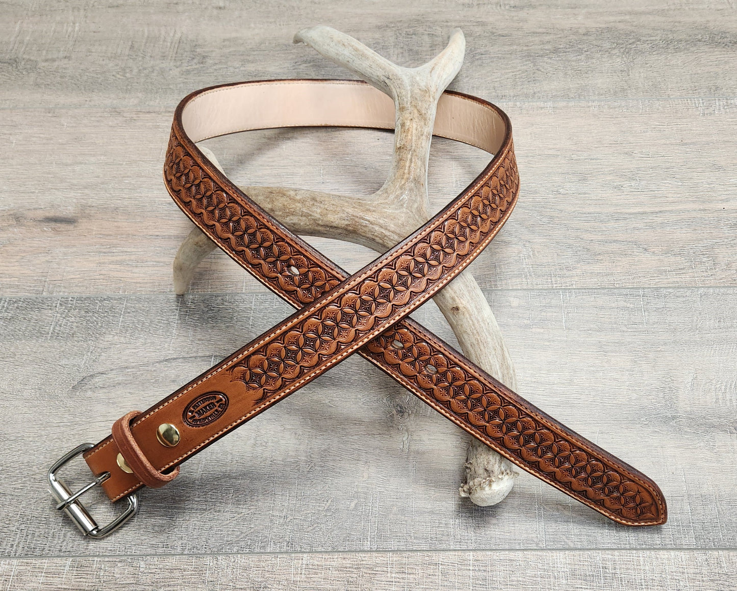 Geometric Tooled Belt with Medium Brown Finish - Size 40