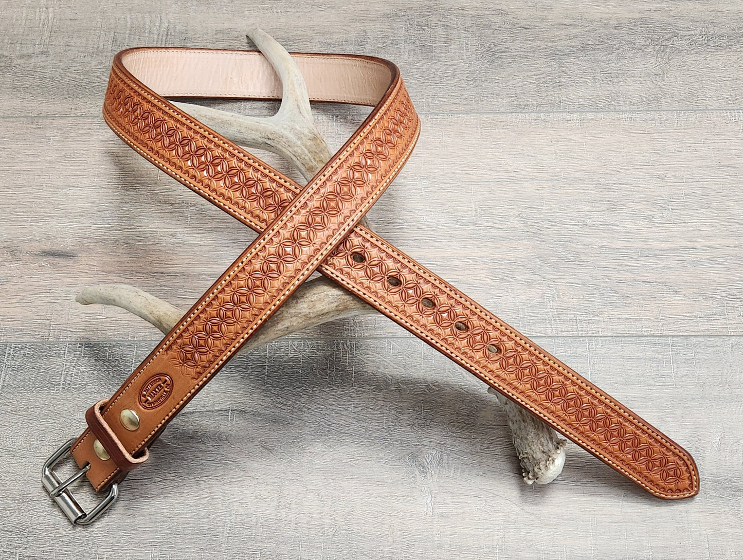 Geometric Tooled Belt with Tan Finish - Size 42