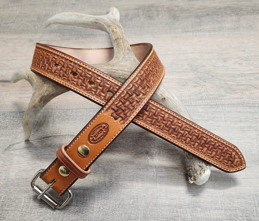 Axe Head Basket Weave Tooled Belt with Tan Finish - Size 30