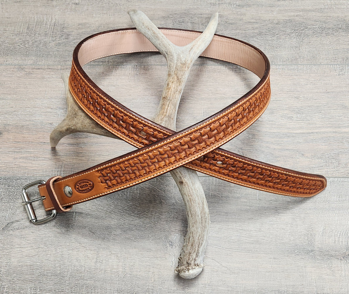 Axe Head Basket Weave Tooled Belt with Tan Finish - Size 43