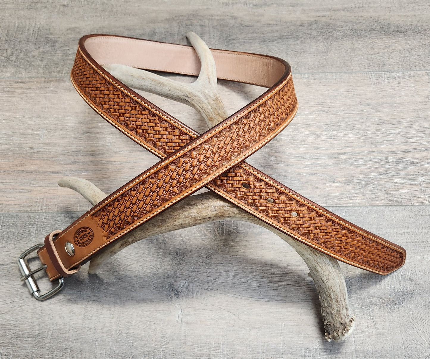 Basket Weave Tooled Belt with Tan Finish - Size 42