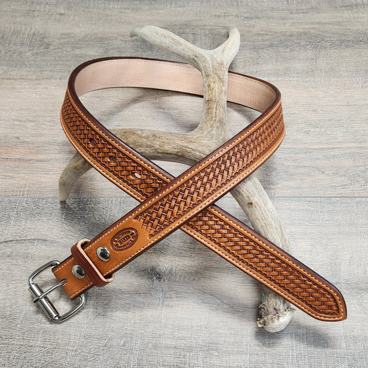 Basket Weave Tooled Belt with Tan Finish - Size 35