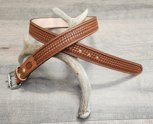 Basket Weave Tooled Belt with Tan Finish - Size 38