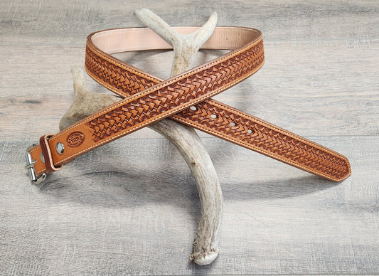 Geometric Tooled Belt with Tan Finish - Size 42