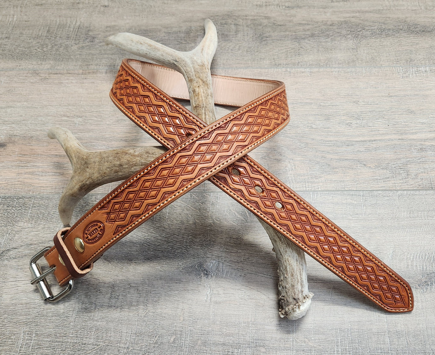 Geometric Tooled Belt with Tan Finish - Size 35