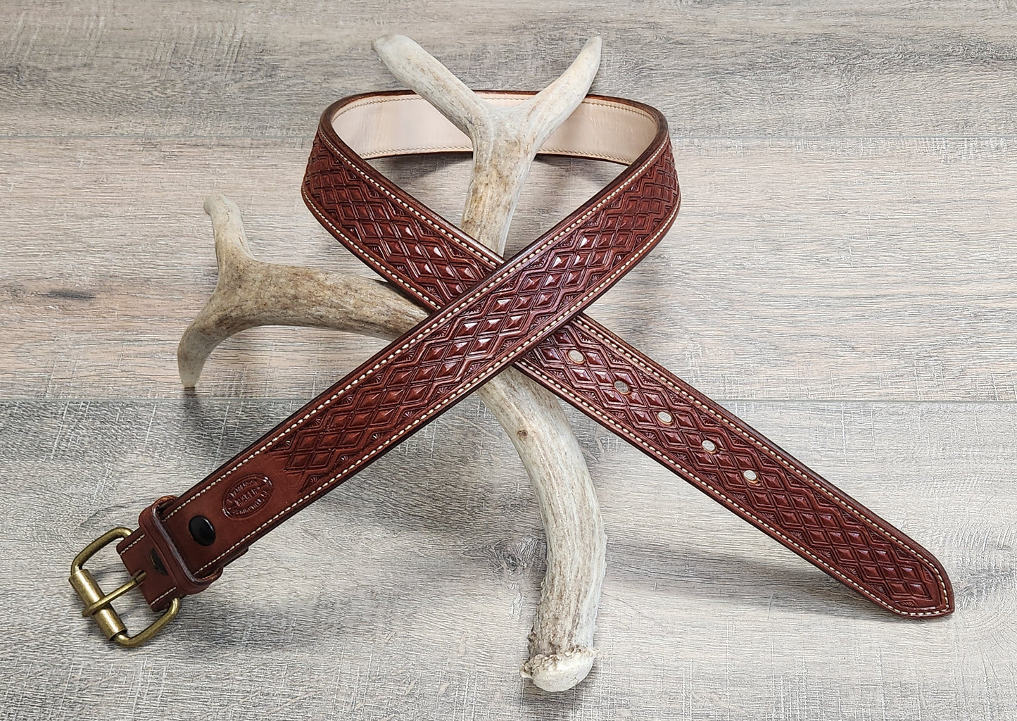 Geometric Tooled Belt with Brown Finish - Size 41