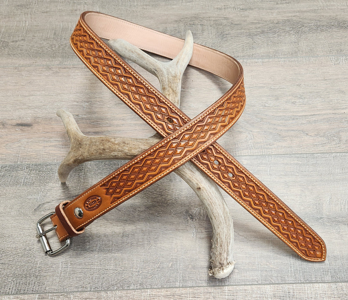 Geometric Tooled Belt with Tan Finish - Size 44